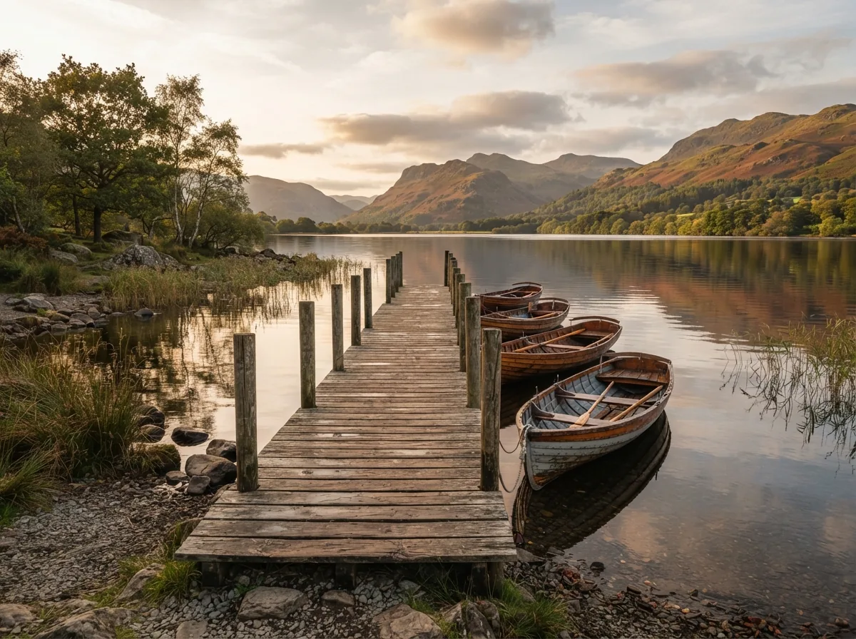 A timber jetty out into the lake with rowing boats moored beside it