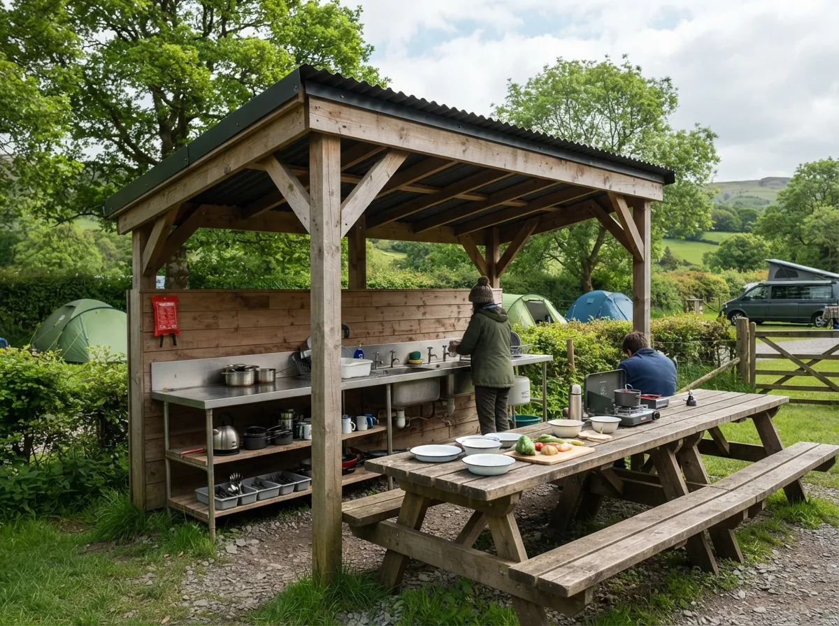 A covered camp kitchen with sinks, a long table and benches