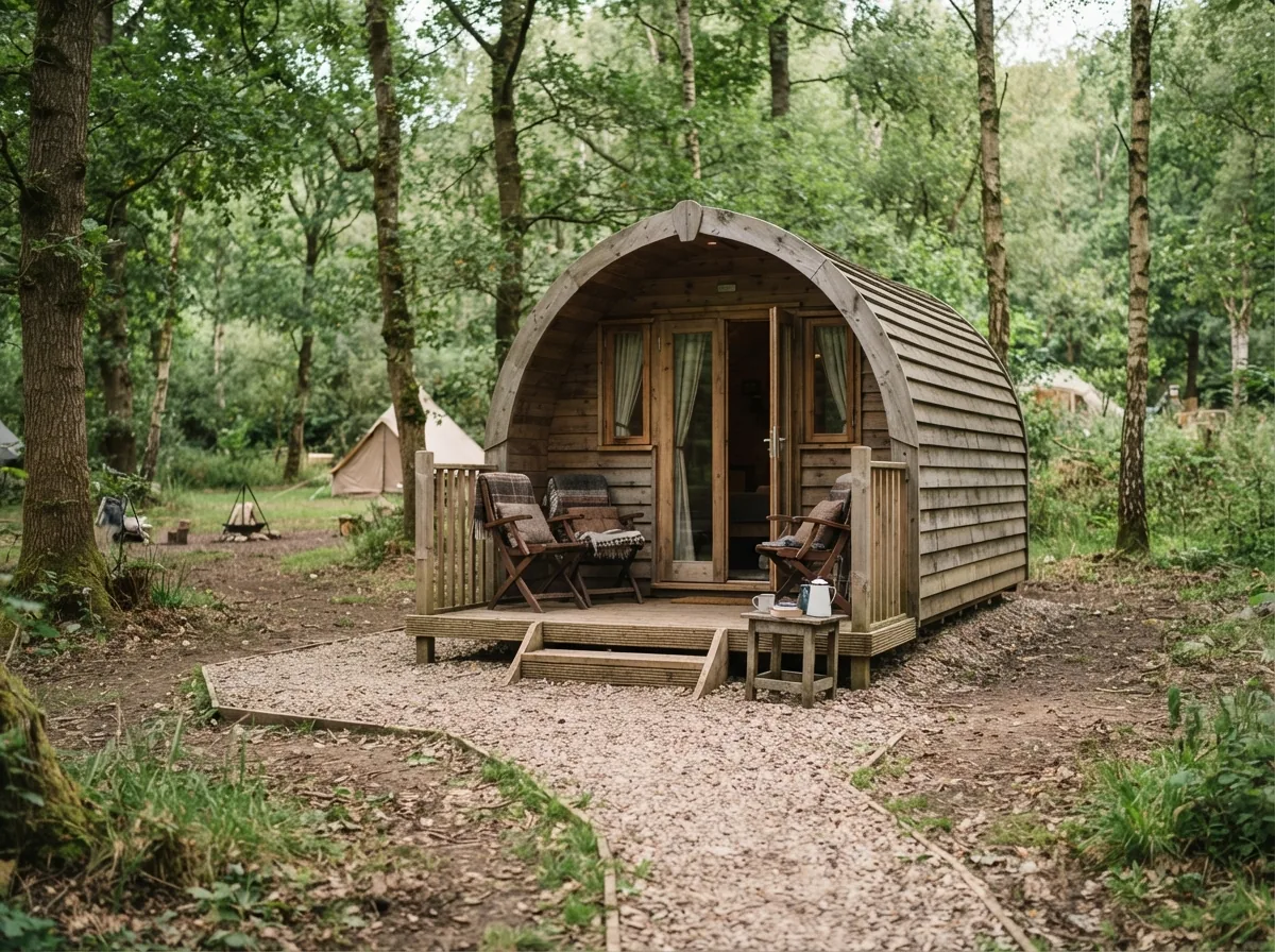 A wooden camping pod with a veranda and two chairs among the trees
