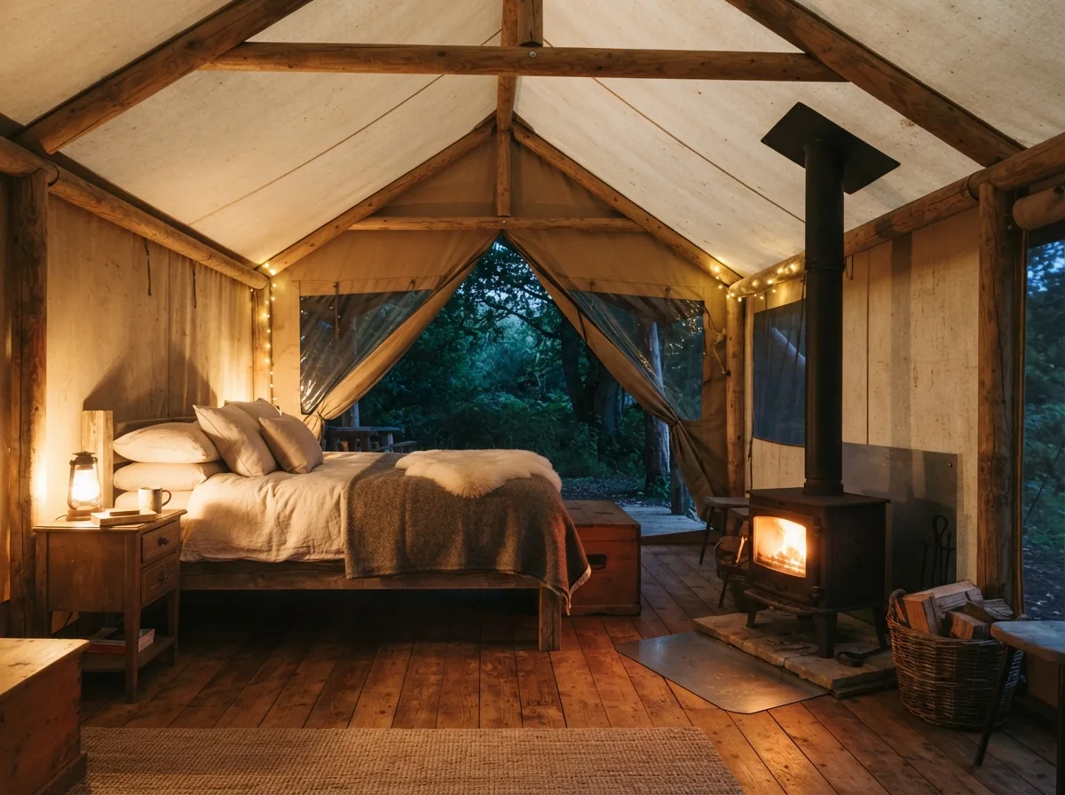 Inside a safari tent, with a double bed, a wood burner and a timber floor