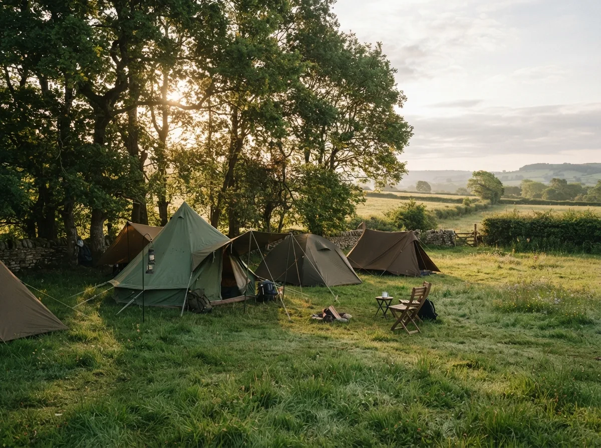A grass field with mature trees and tents pitched under them