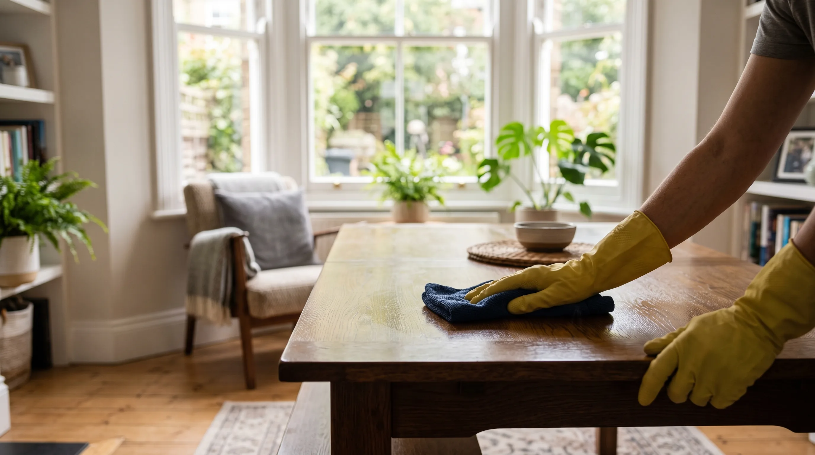 Gloved hands polishing a dining table in a bright living room