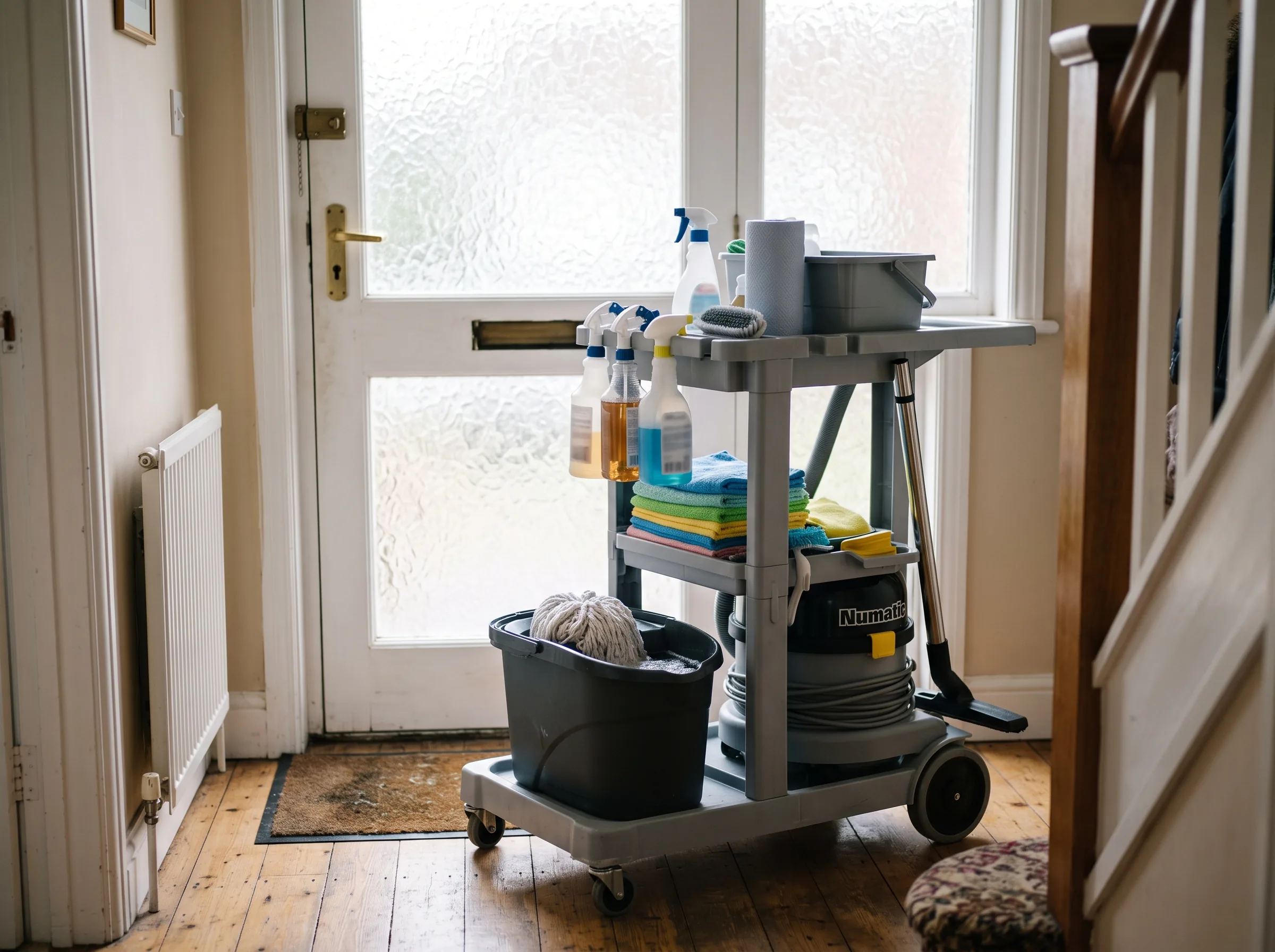A loaded cleaning trolley ready to go, in a hallway