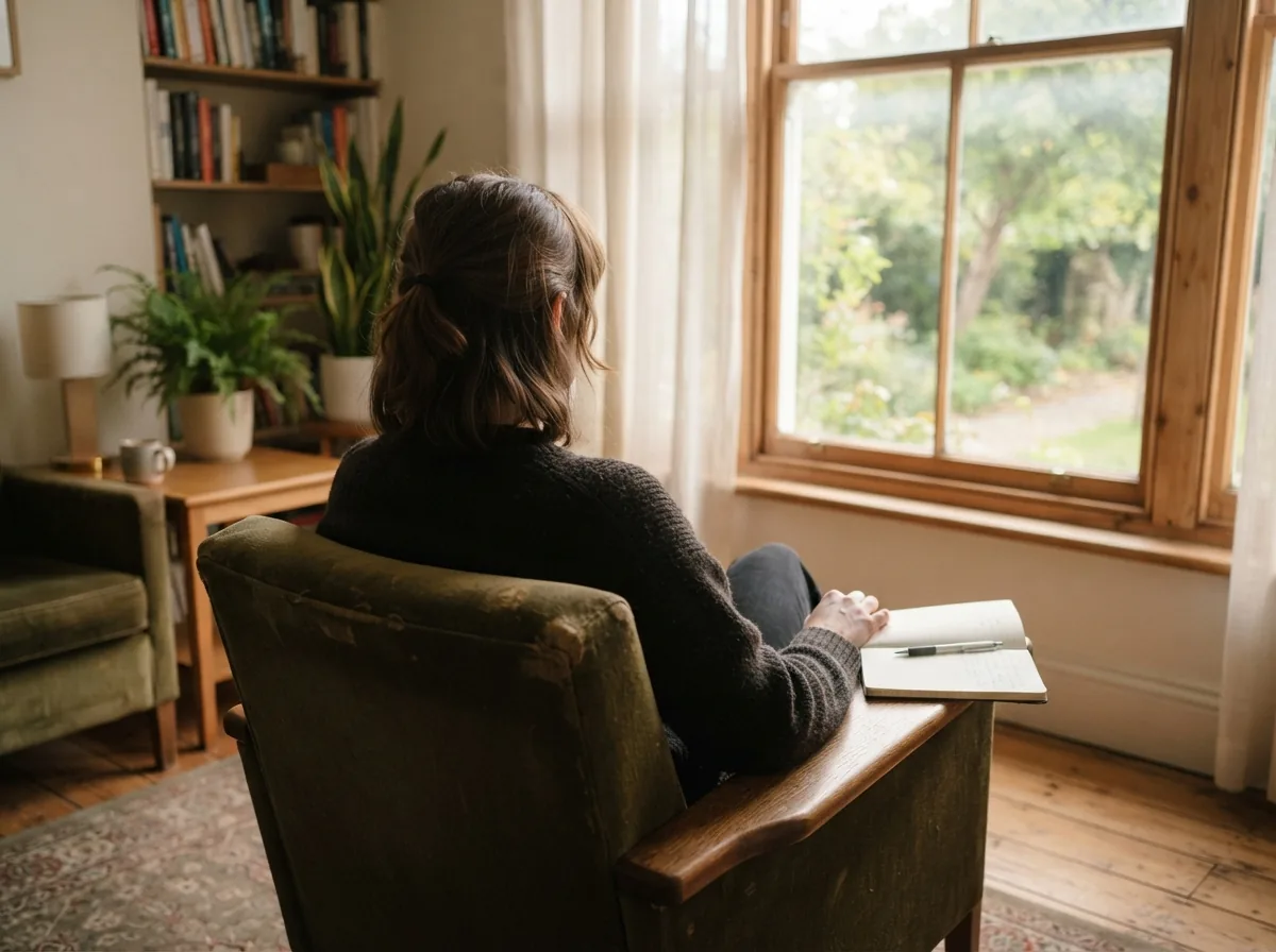 A counsellor sitting in the armchair by the window, seen from behind