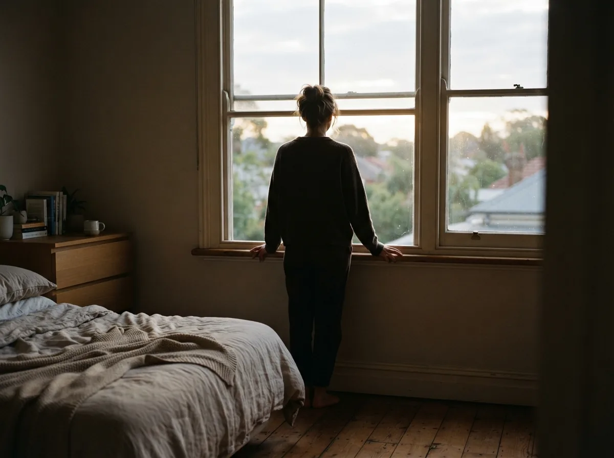 A counsellor standing at the window with their back to the camera, morning light