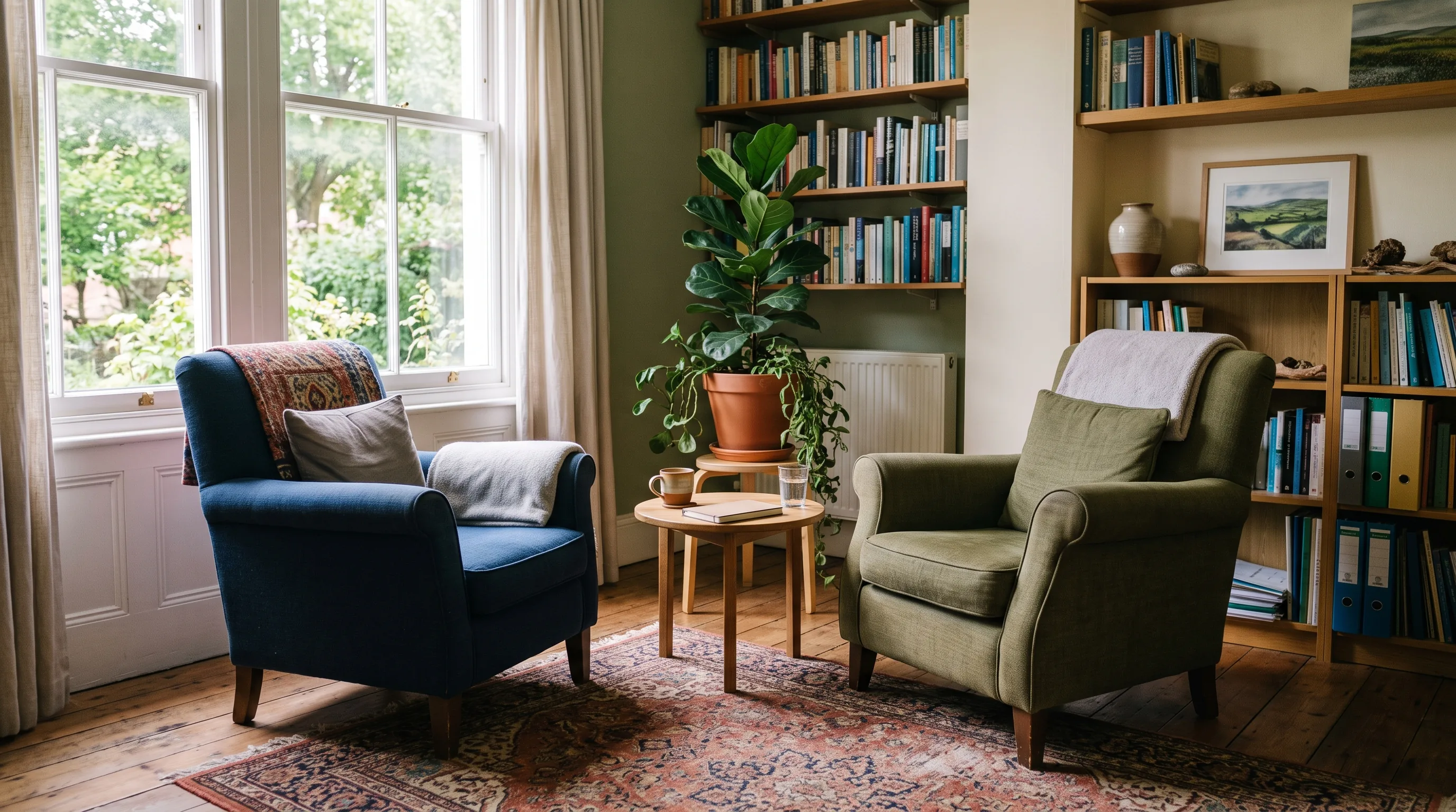 A counselling room with two armchairs turned towards each other in soft daylight