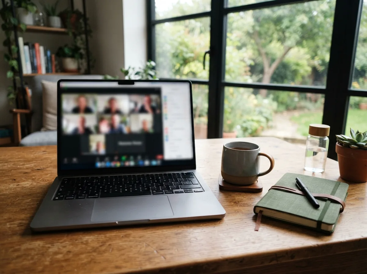 A laptop on a desk by a window with a video call open