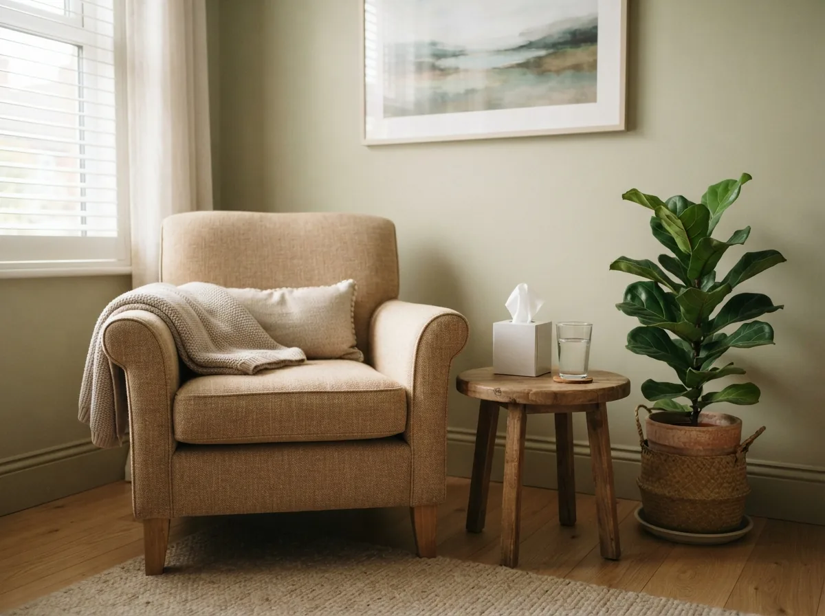 A corner of the room: an armchair, a small table with tissues and a house plant