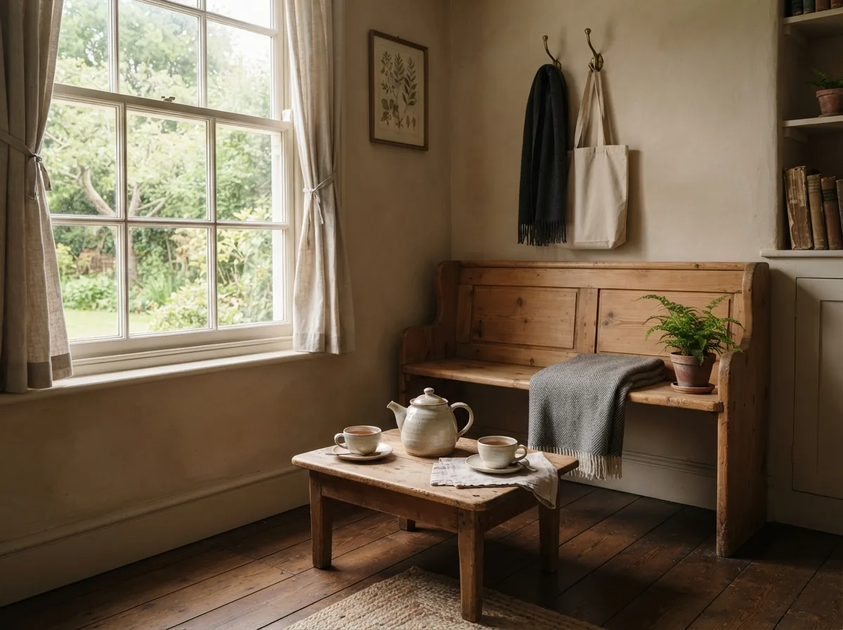 A quiet waiting corner with an armchair, a small wooden table and a teapot