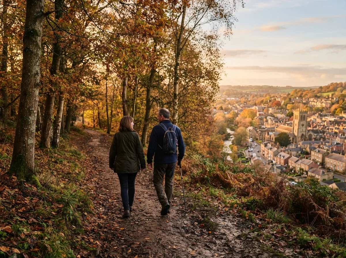 Two people walking a woodland path above the town, seen from behind in autumn light