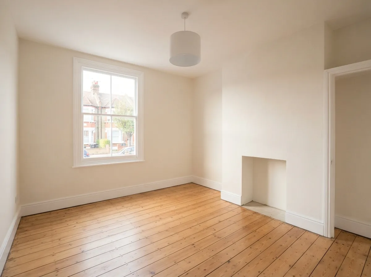 A freshly painted hallway and staircase with crisp white woodwork