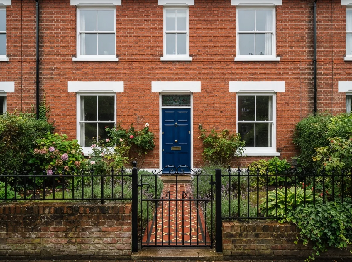 A freshly painted house frontage with white sash windows and a glossy blue front door