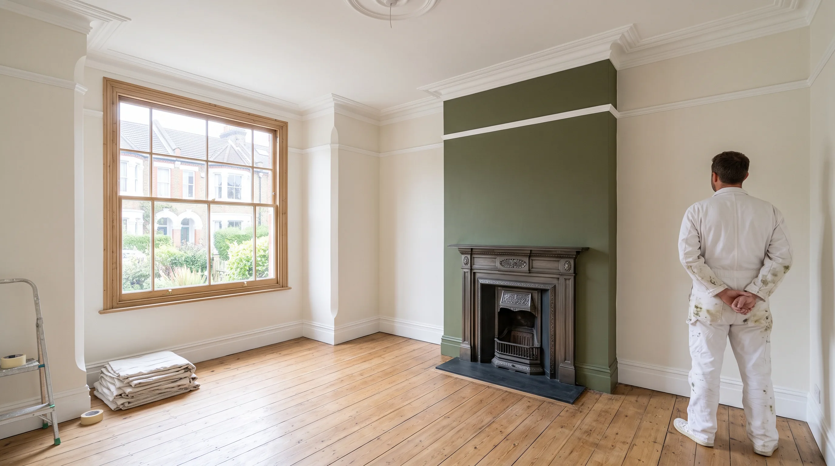A freshly decorated living room with a crisp cut-in line and dust sheets still stacked in the corner