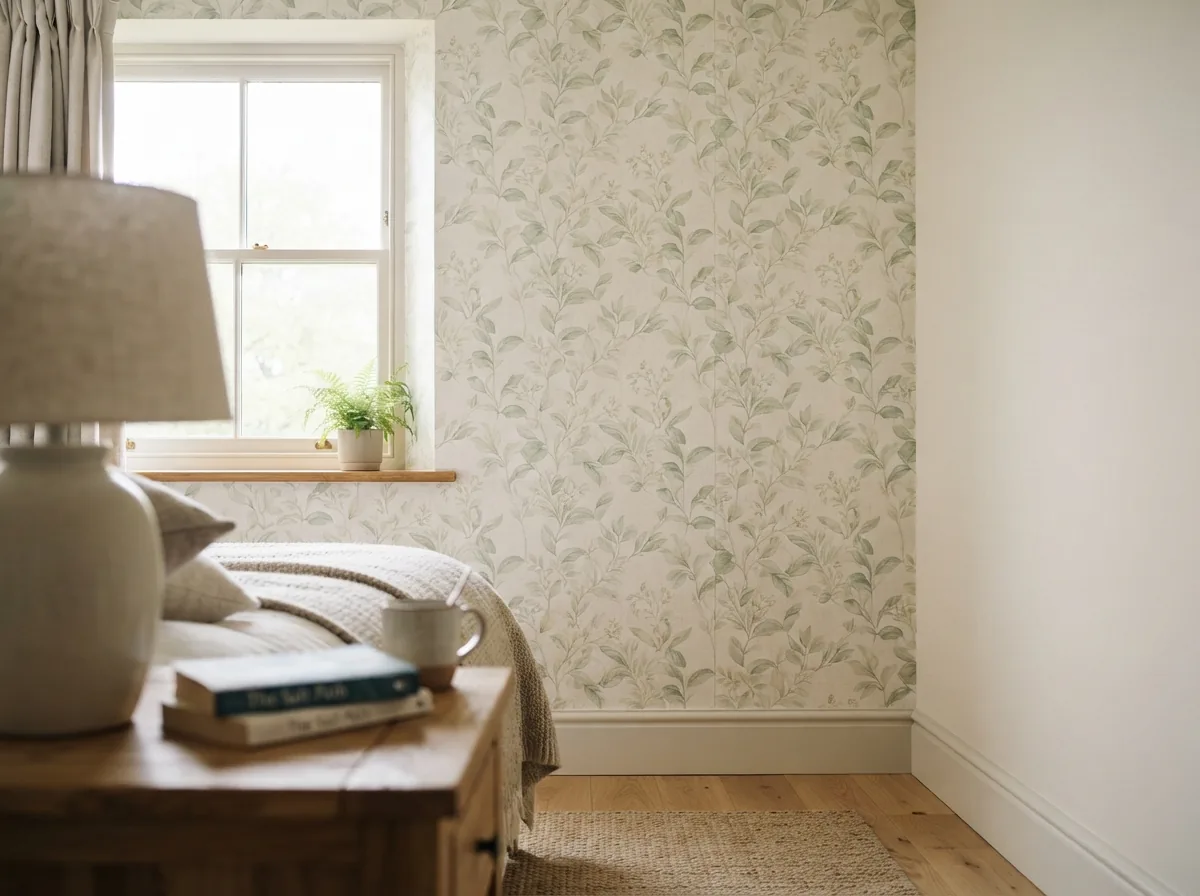 Newly hung wallpaper with the pattern matched across every drop