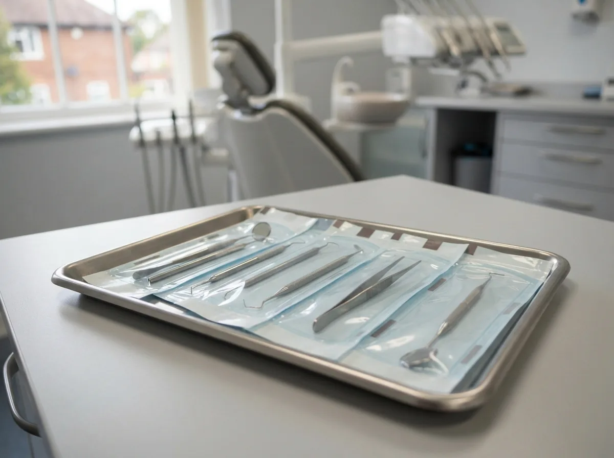 Sterilised instruments laid out ready on the worktop