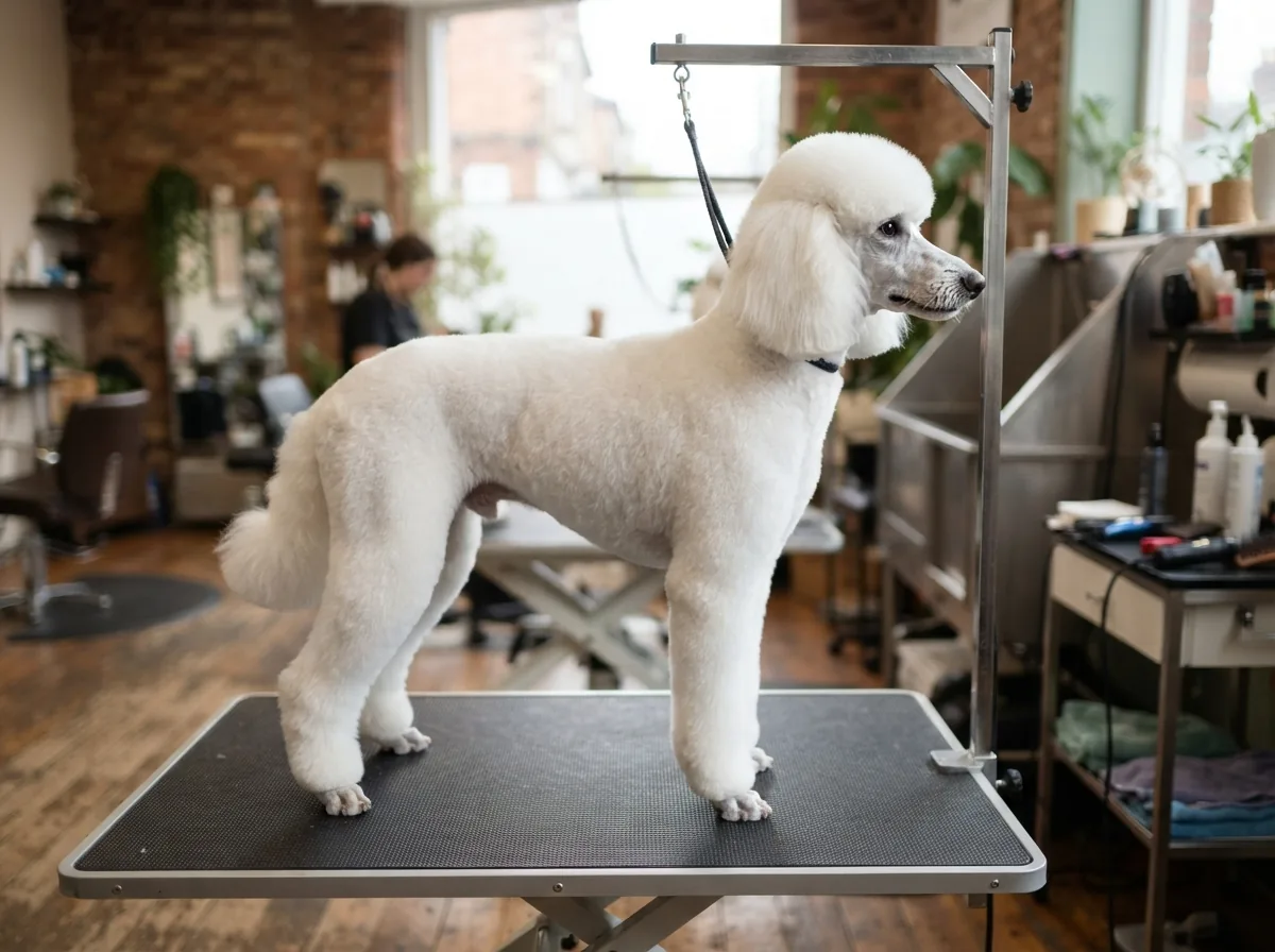 A white poodle after a full groom in a sporting trim