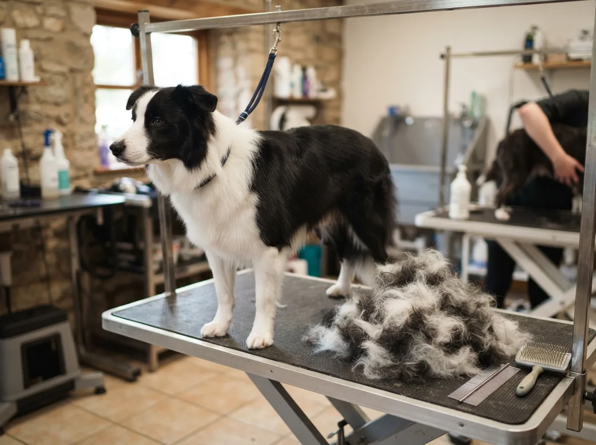 A border collie after a de-shed, with the brushed-out coat beside it
