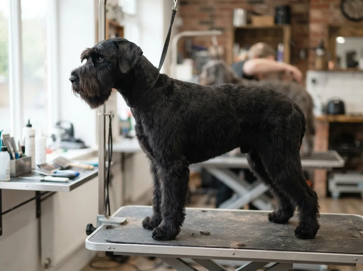 A giant schnauzer in profile after hand stripping