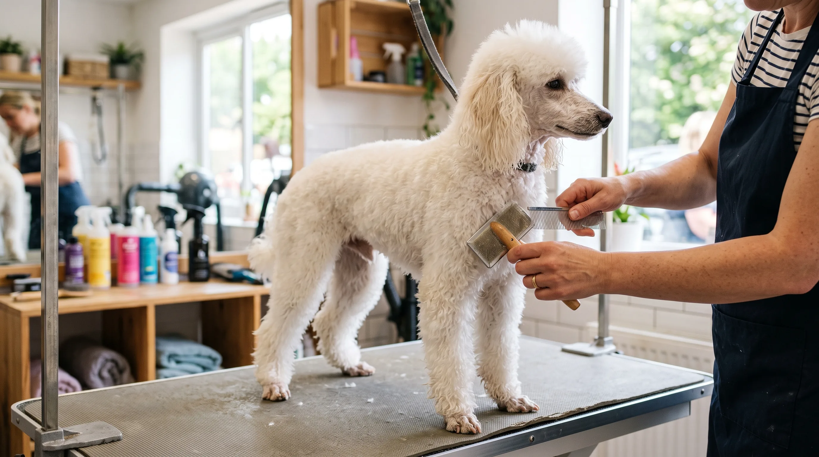 A freshly bathed white poodle being brushed out on the grooming table