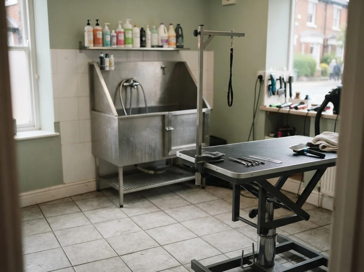 Inside the grooming room — table, bath and a shelf of products