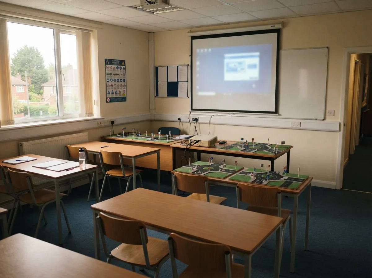 A classroom with desks, a projector and model junctions