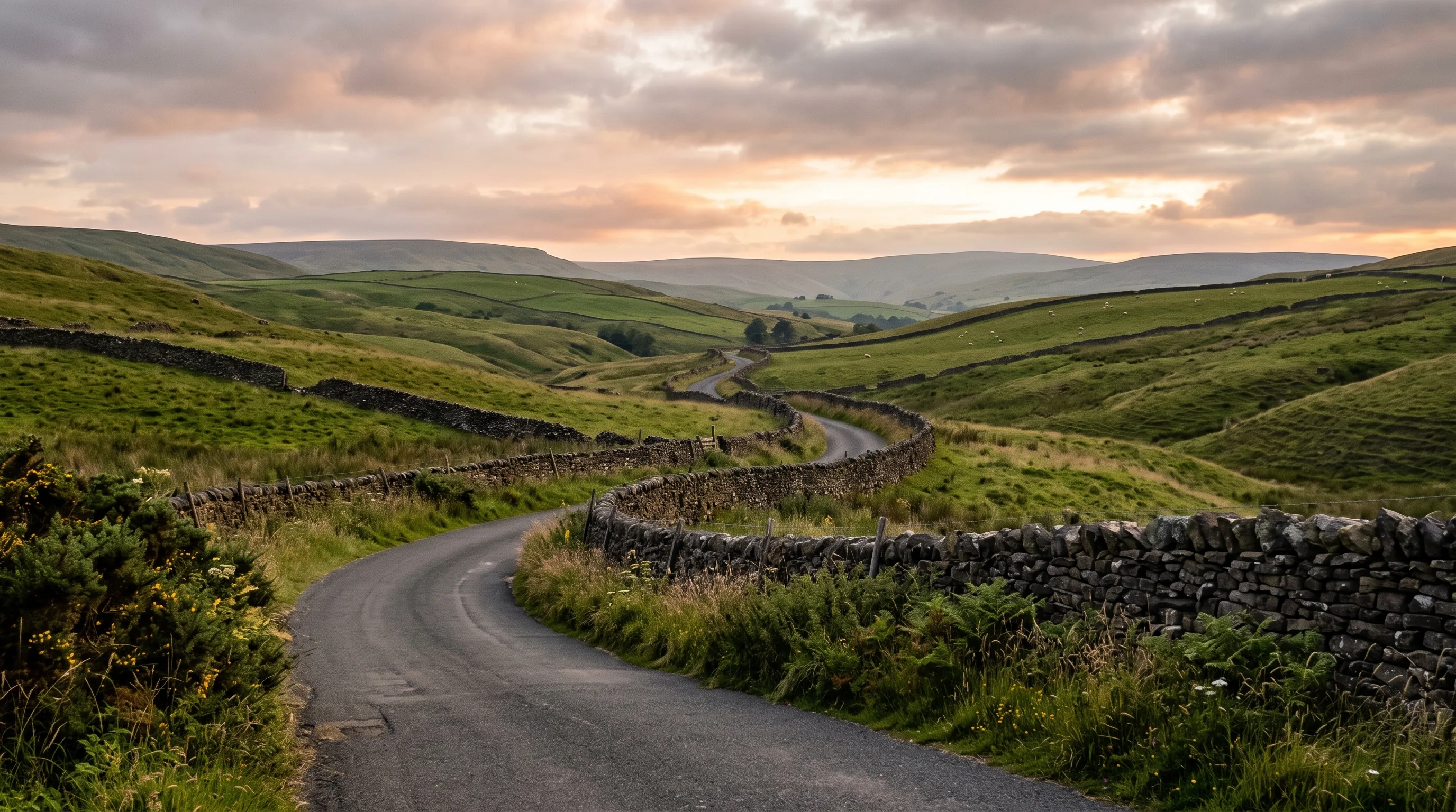 A road winding between County Durham hills in the evening light