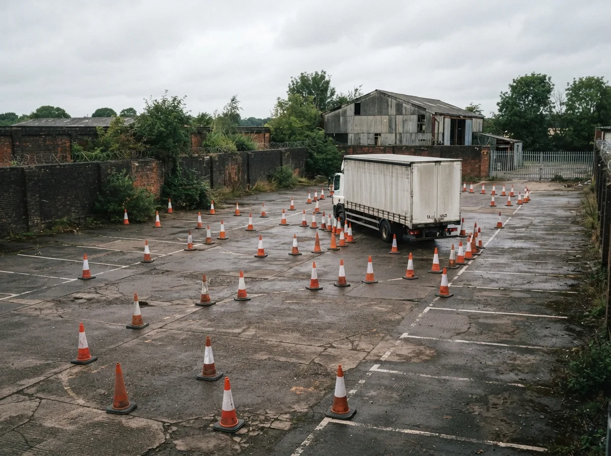 An off-road area laid out with cones for reversing and parking