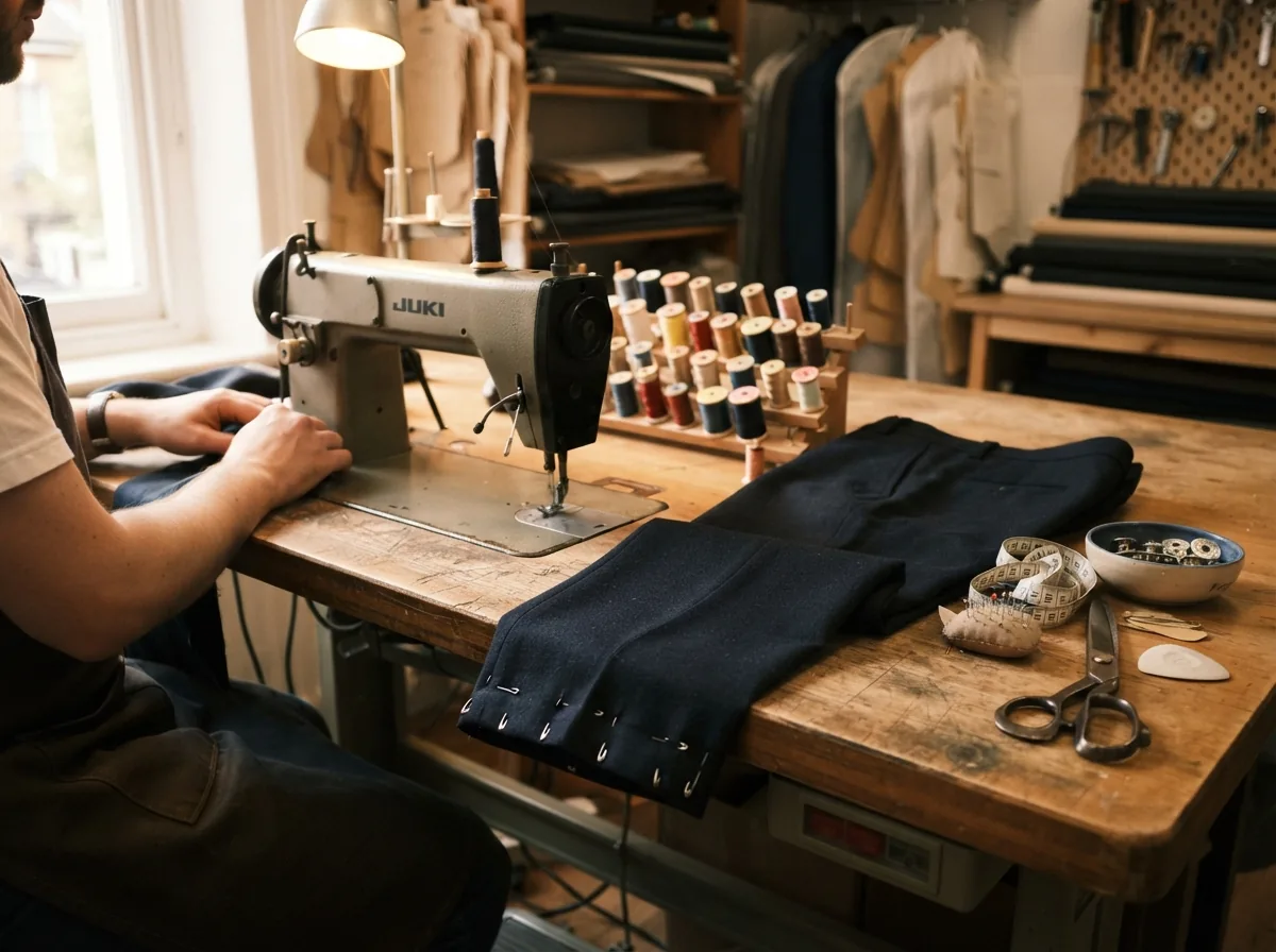 The alterations corner — a sewing machine, threads and trousers to be taken up