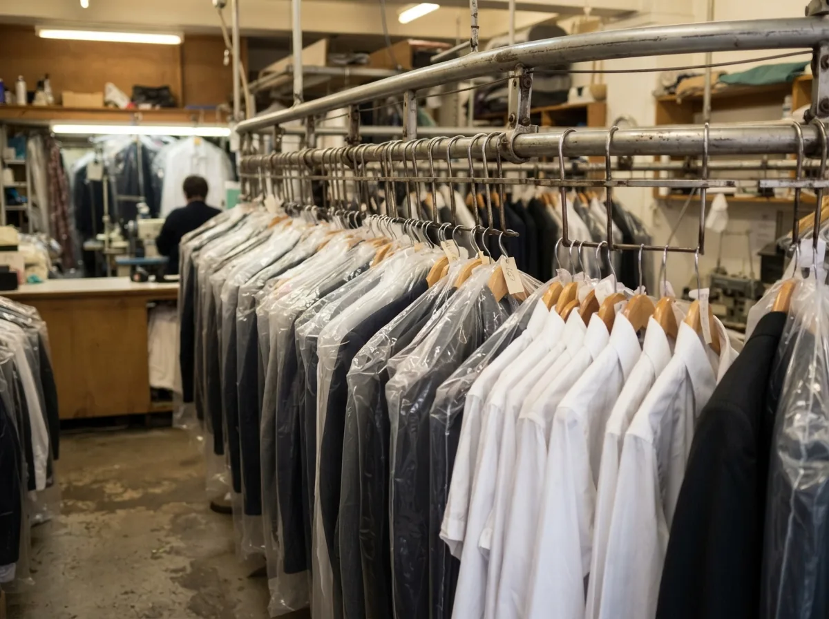 Pressed suits and white shirts on hangers in covers