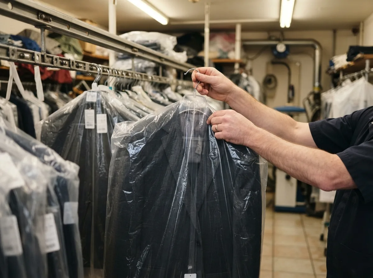 A customer collecting a cleaned suit in a cover from the rail