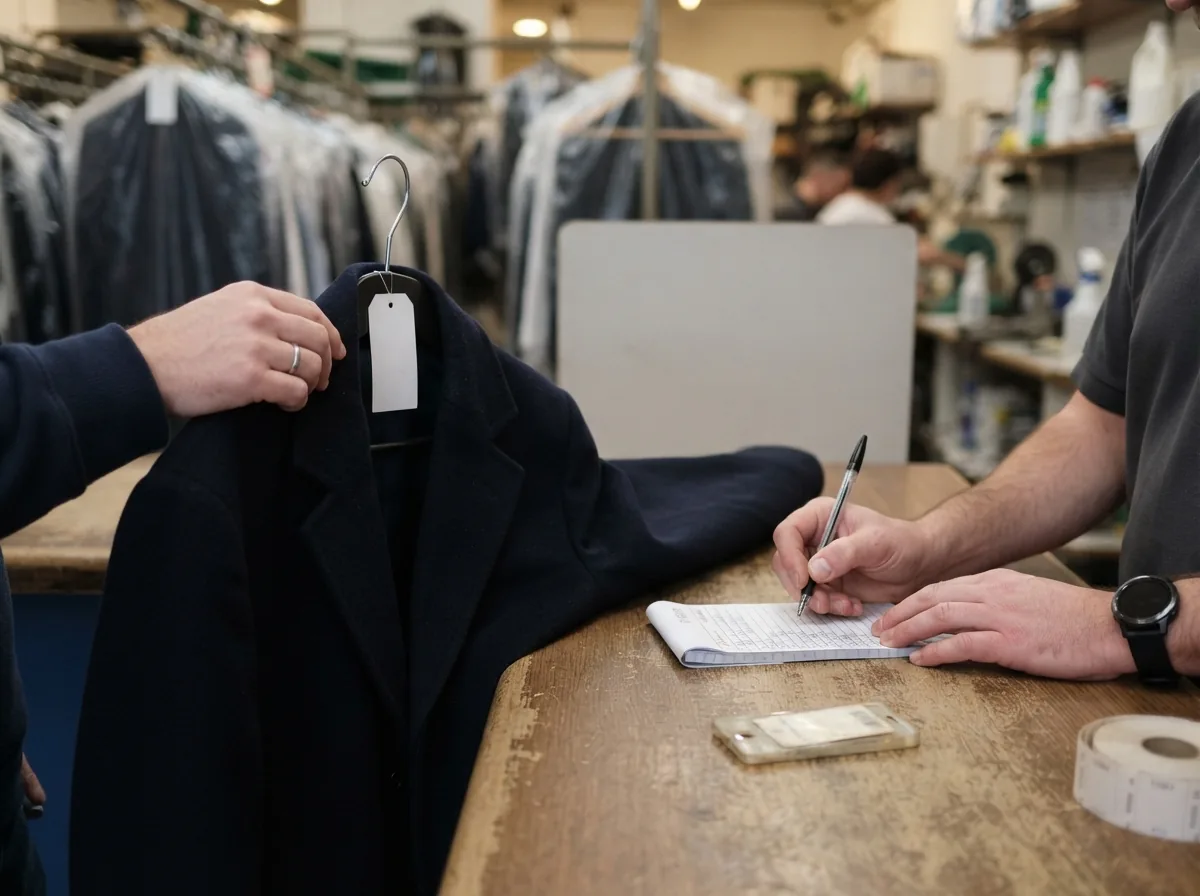 A jacket being checked in at the counter and written on the ticket