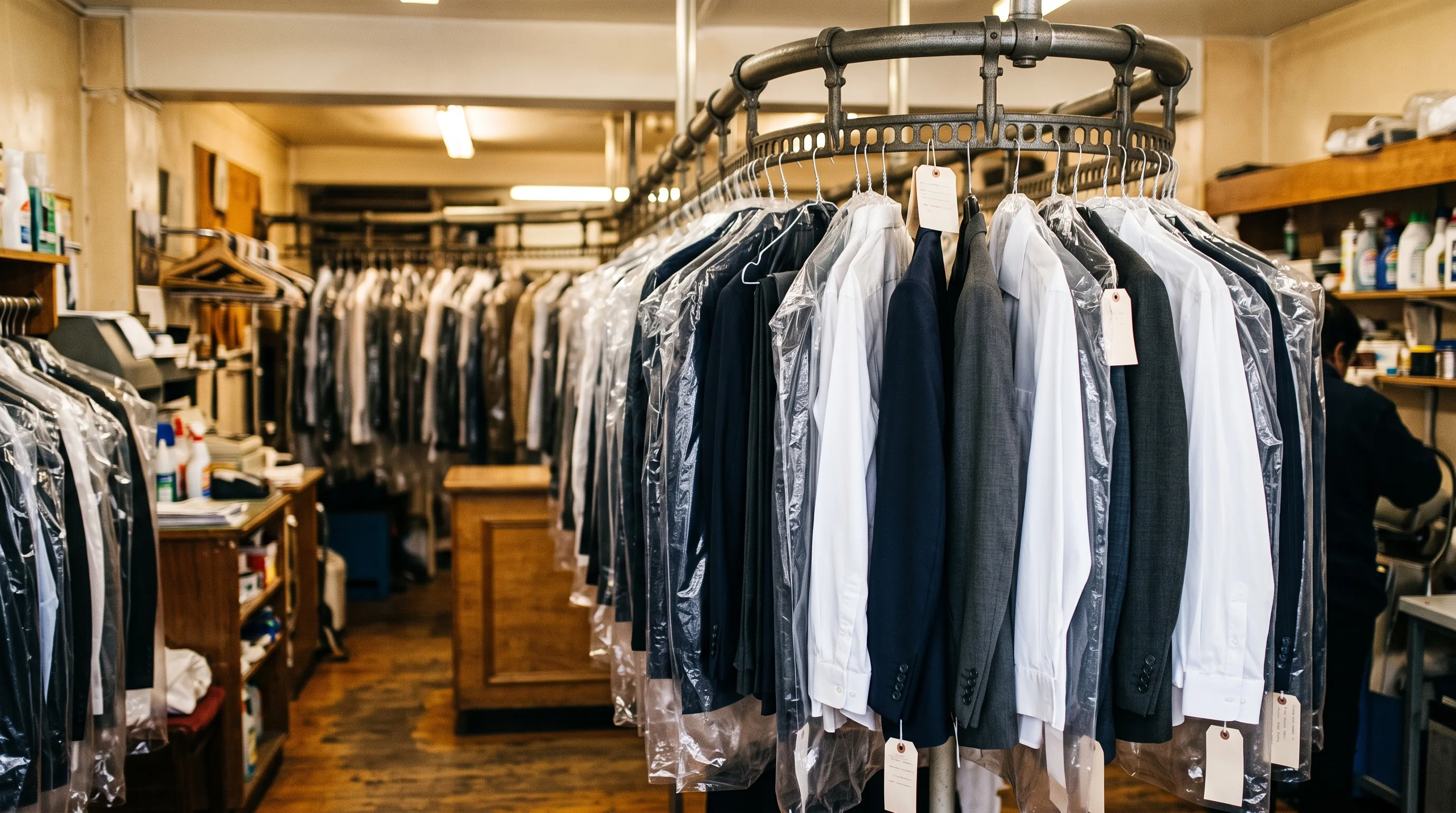 Pressed suits and shirts in covers on the conveyor rail