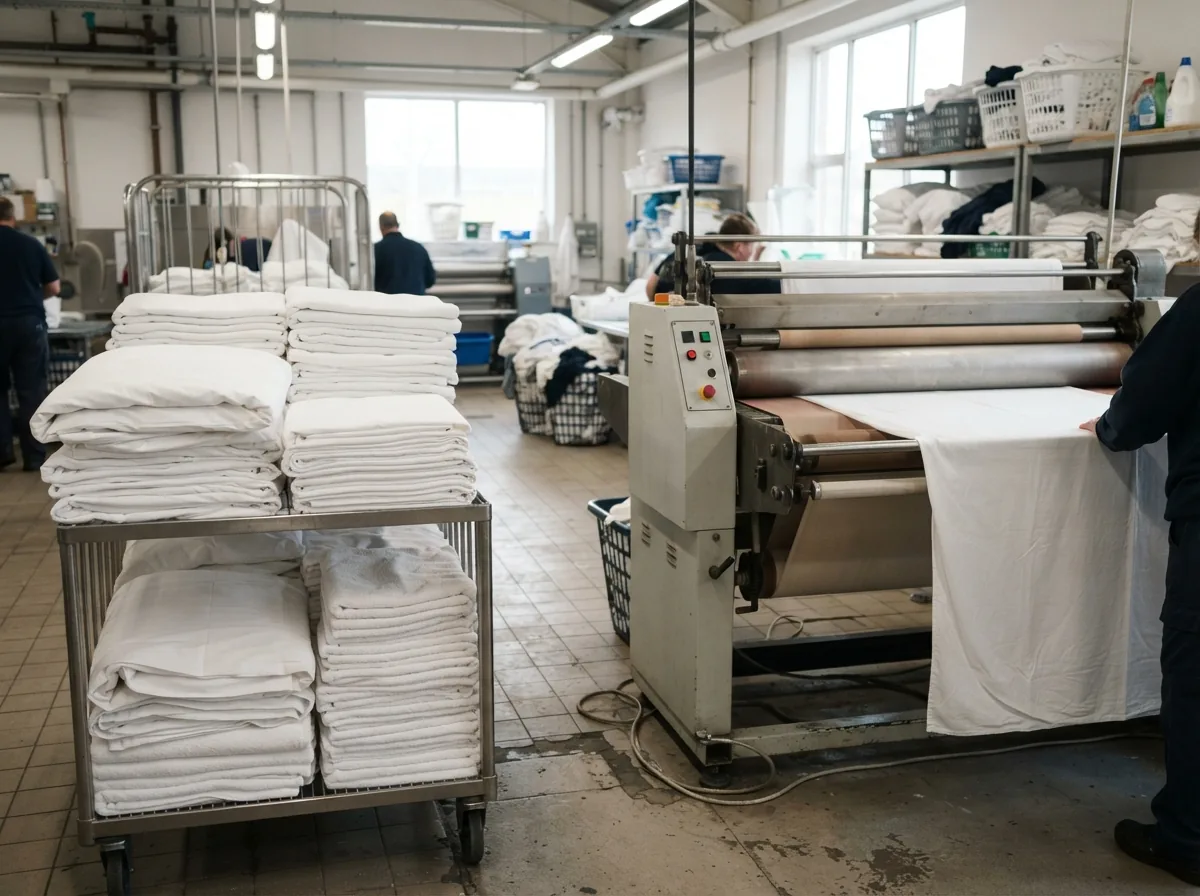 Clean white bedding and towels being pressed in the laundry