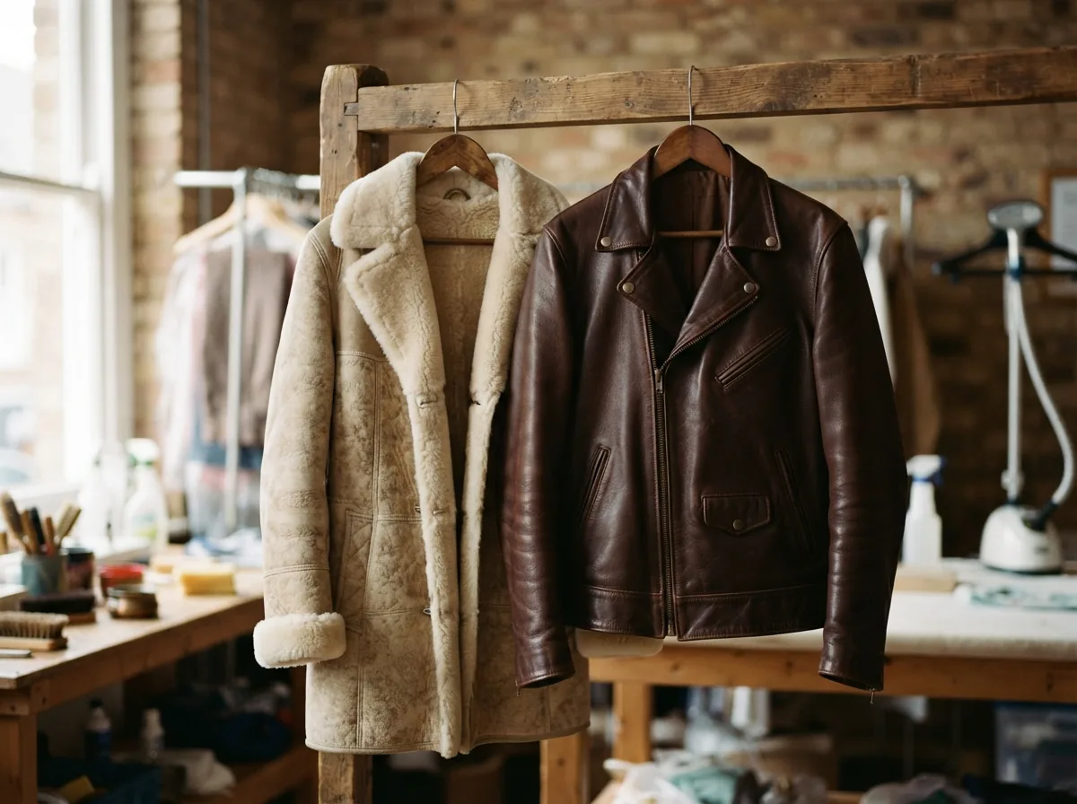 A cleaned sheepskin and a leather jacket after treatment