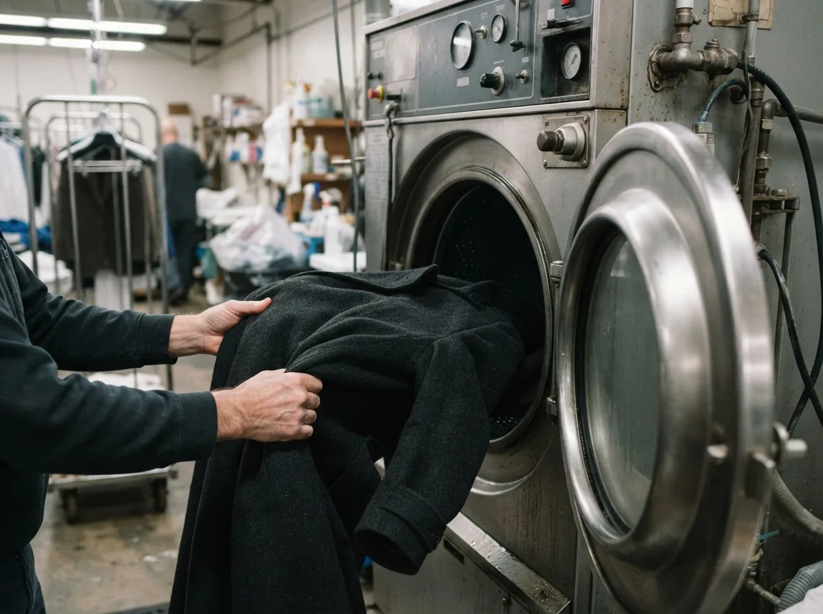 A commercial dry cleaning machine being loaded with a coat