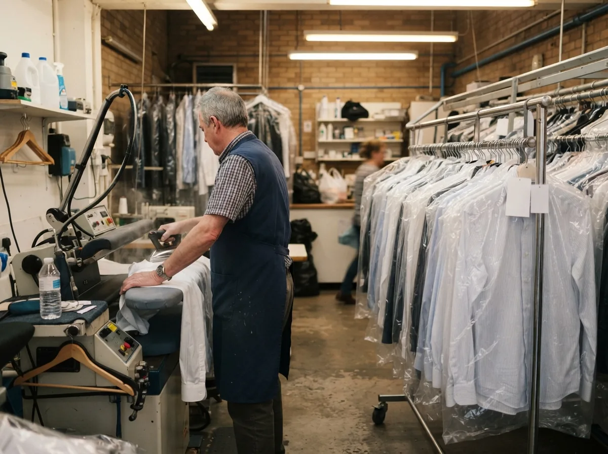 The owner at the pressing station beside a rail of finished shirts