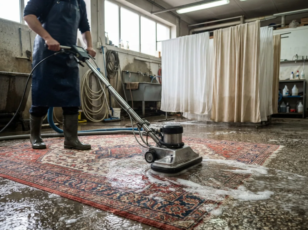 A wool rug being deep cleaned and freshly washed curtains