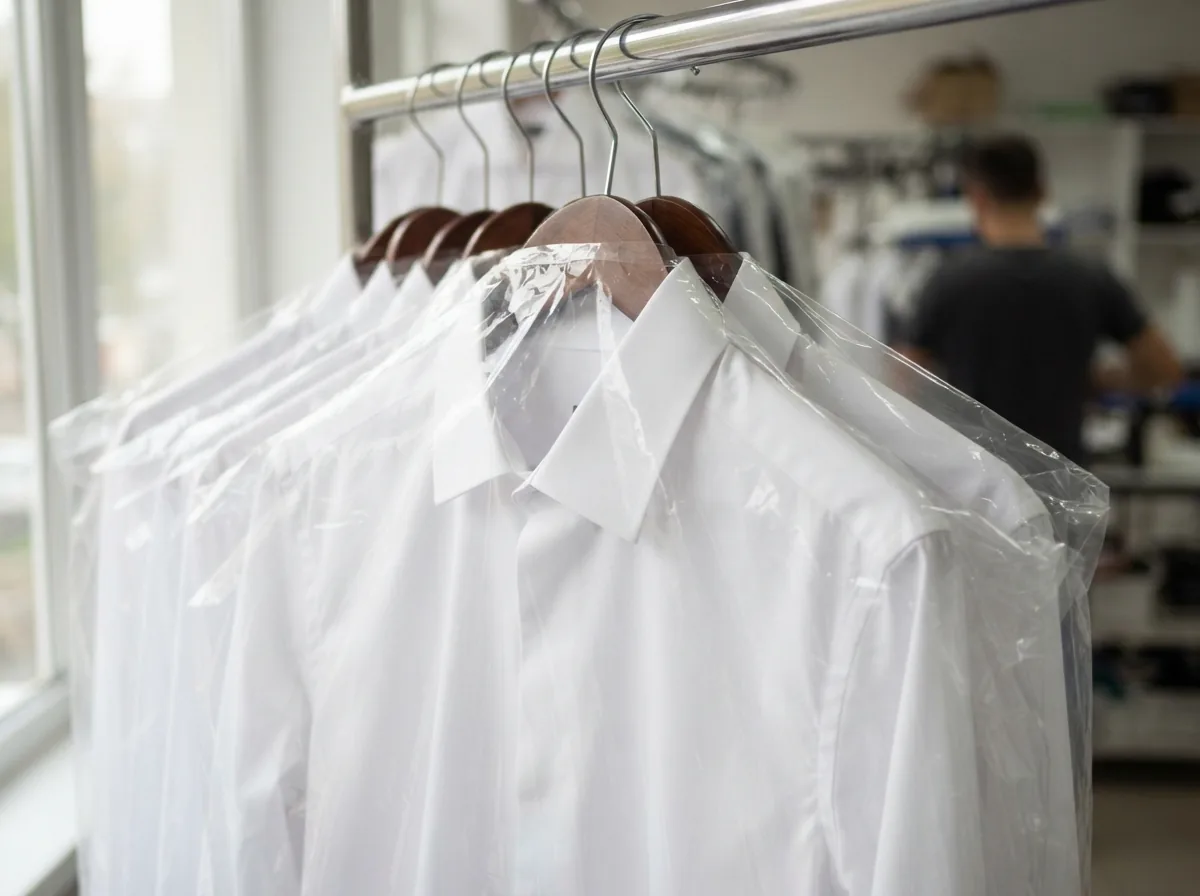 Freshly pressed white shirts with sharp collars, on hangers in covers
