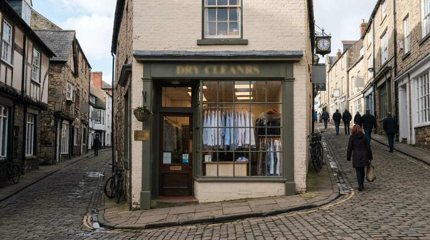 The shop front, with pressed shirts in the window