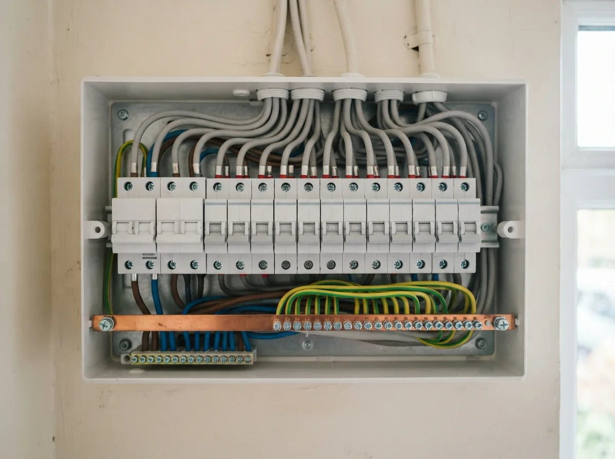A finished consumer unit with evenly aligned circuit breakers and neatly dressed cables