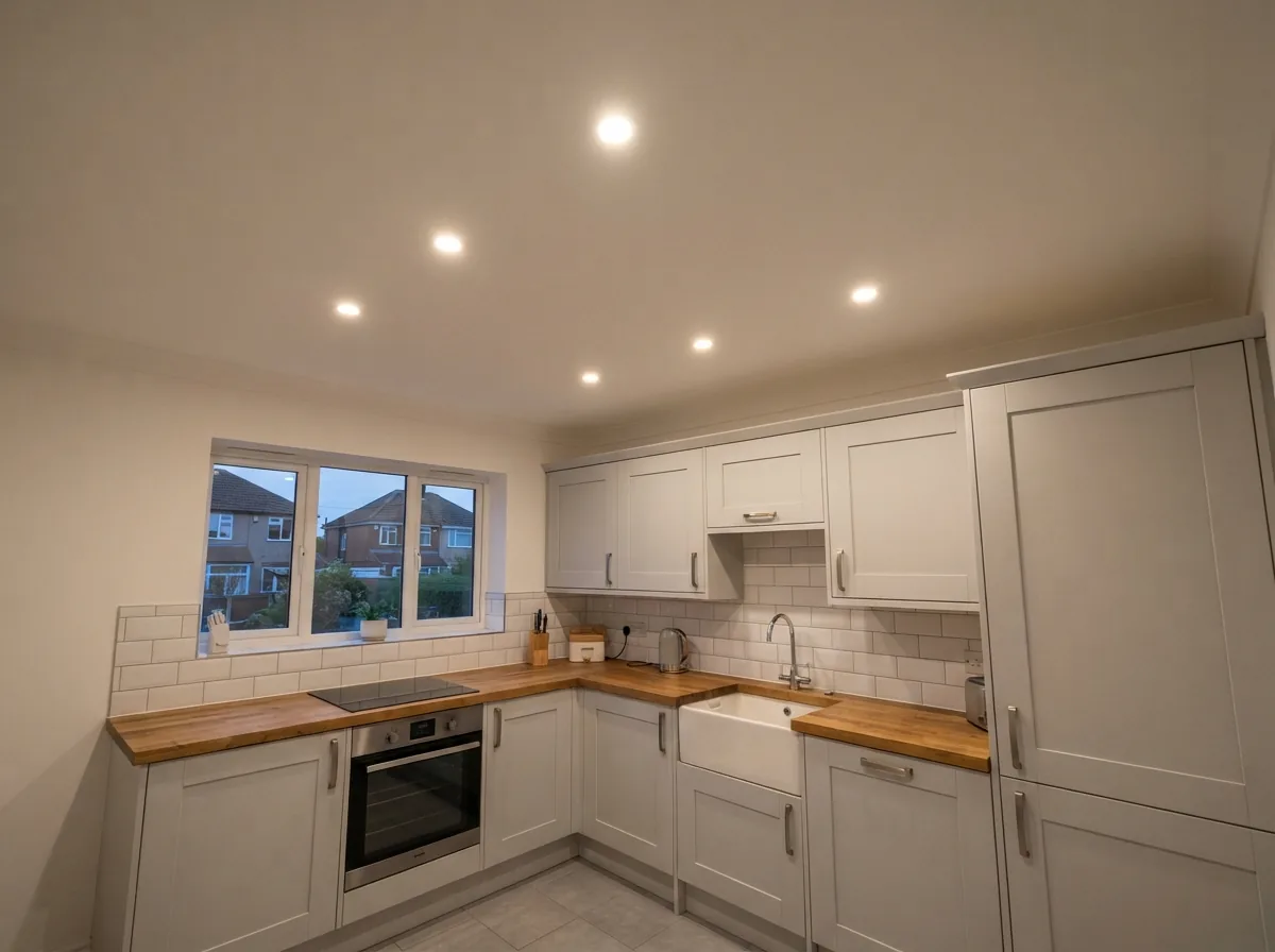 Recessed LED downlights newly fitted in a kitchen ceiling