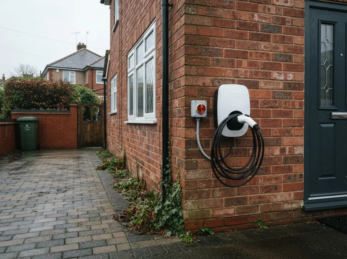 An electric vehicle charge point newly fitted on the outside wall of a house