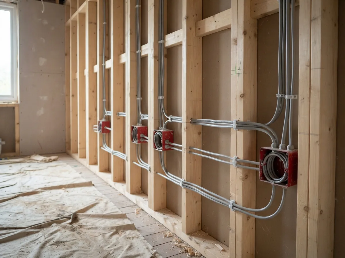 First-fix cabling run neatly through timber studwork with back boxes fixed square
