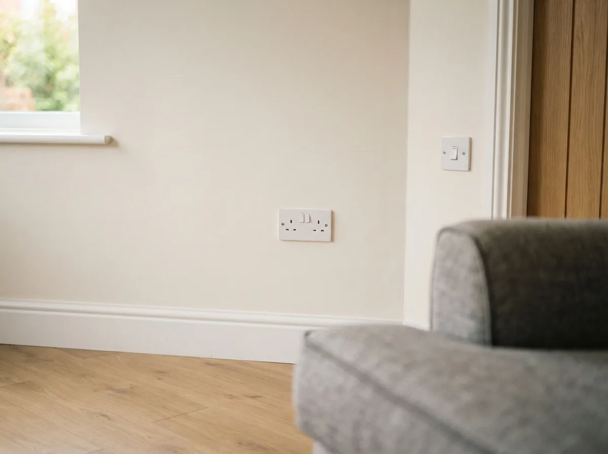 New white sockets and switches on a freshly painted living room wall