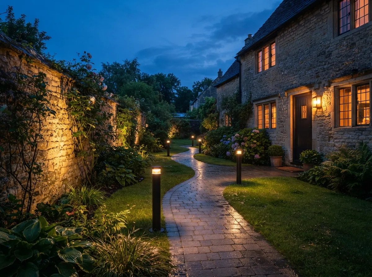 Garden lighting newly installed along a block-paved path at dusk