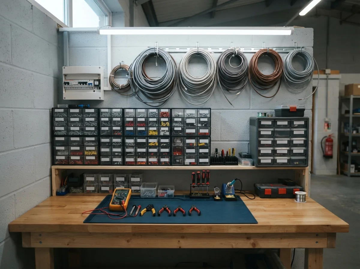 A tidy electrical workshop bench with cable reels and labelled parts bins