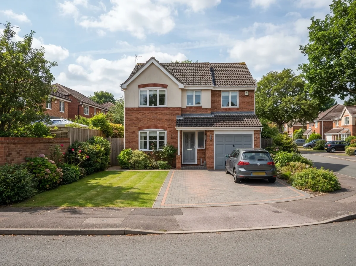 A detached house with a garage, garden and patio