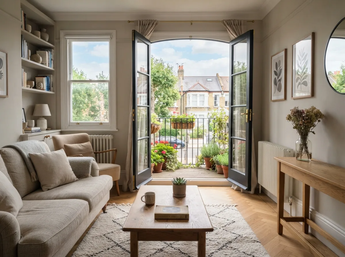 A bright living room with glazed doors onto a balcony