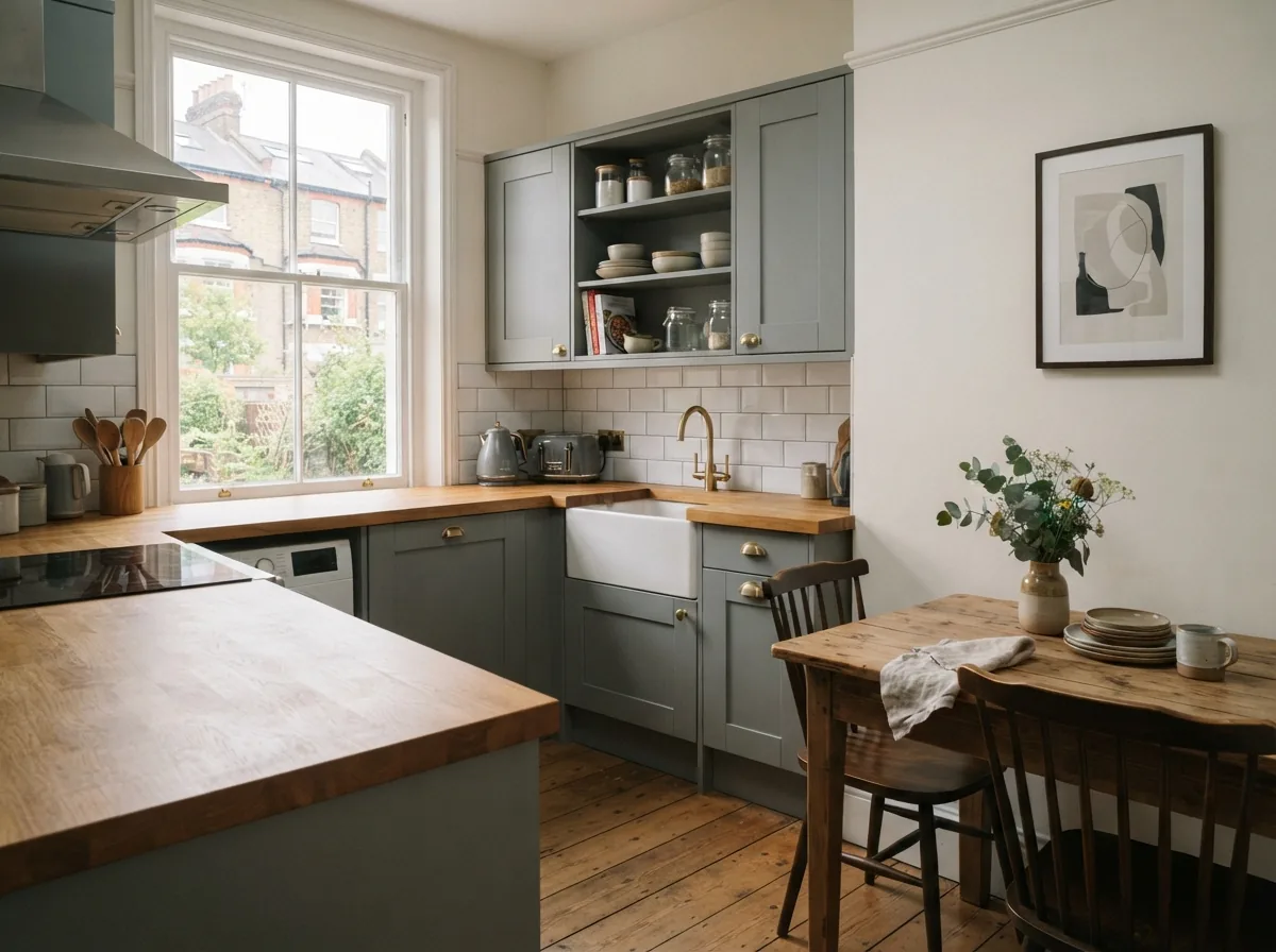 A refurbished kitchen with a dining area in a flat