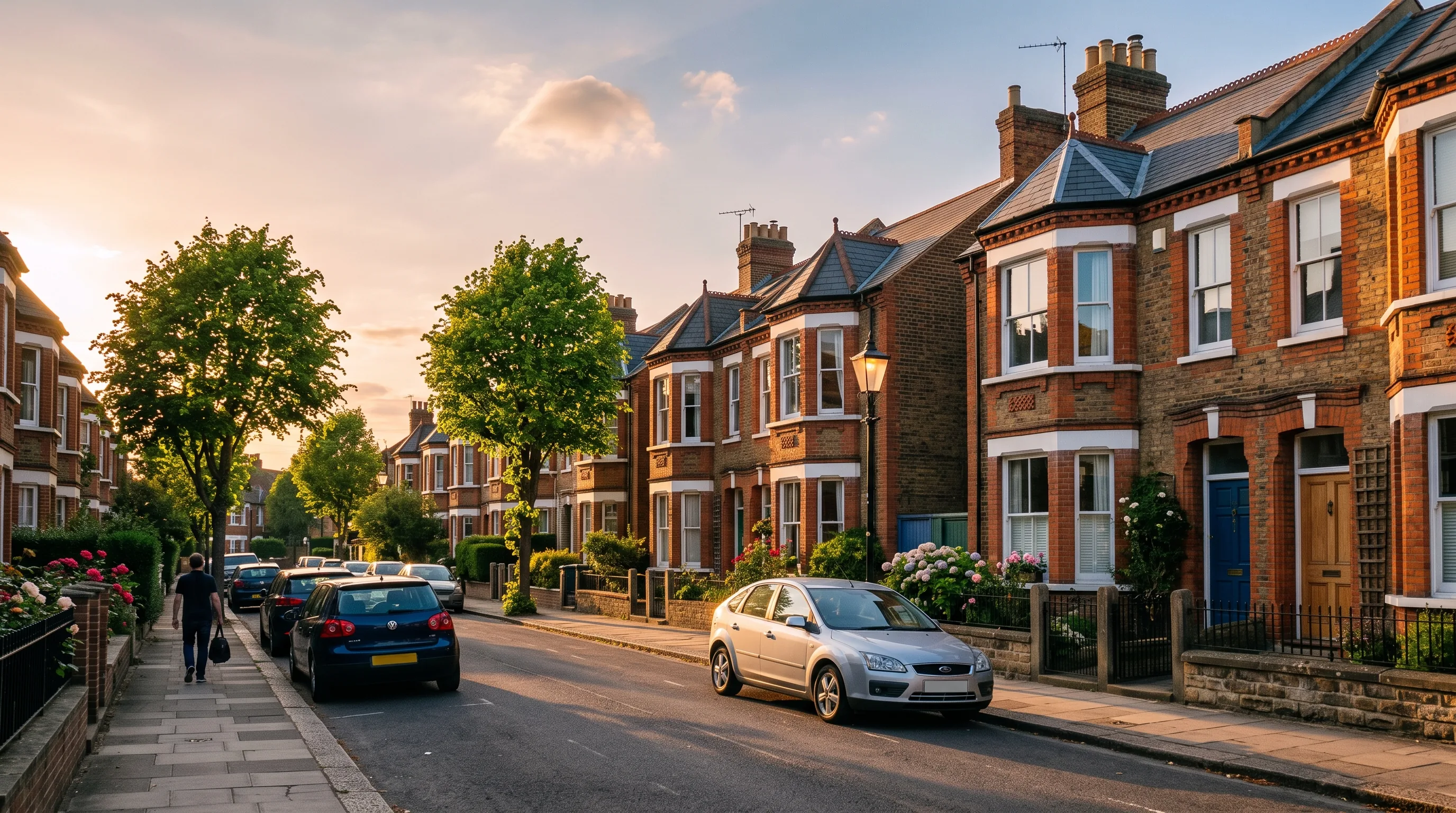 A residential street of Victorian terraces and semis in evening light